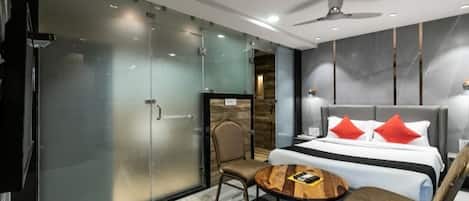 In-room safe, desk, laptop workspace, soundproofing