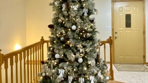 A Christmas tree in a hallway with a wooden railing and a door in the background. - Sleeps 15 Beautiful Home on 1.2 Acre lot Minutes from Lakes, boat dock & beach (Albert Lea)