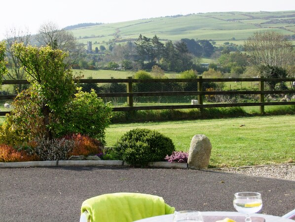 A table with a glass of water and a plate, set against a backdrop of a green landscape with a wooden fence and a stone.
