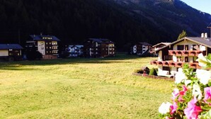 Un paysage rural avec une rangée de bâtiments de style chalet traditionnel, un champ d’herbe et une montagne en arrière-plan.