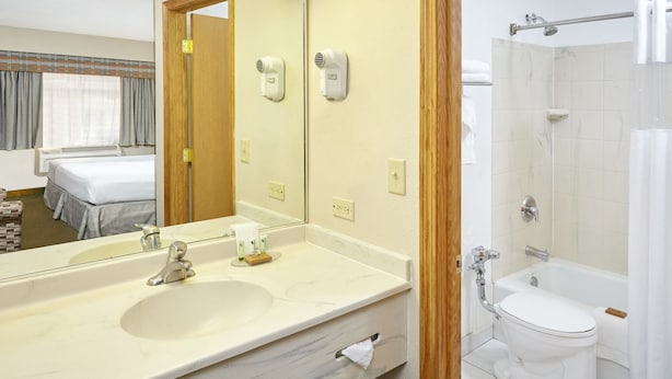 A hotel bathroom with a sink, mirror, and shower. - Chicago Lake Shore Hotel (Chicago)