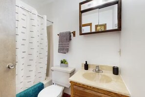 Bañera con ducha, secador de pelo, toallas, jabón