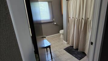 Ein Badezimmer mit Toilette, Duschvorhang und kleinem Tisch.