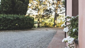 A gravel driveway leading to a building with a pink wall and white flowers. - Al Poggio dei Papi (Citta della Pieve)