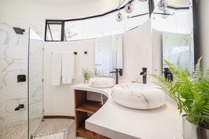 Douche, séchoir à cheveux, serviettes fournies, savon
