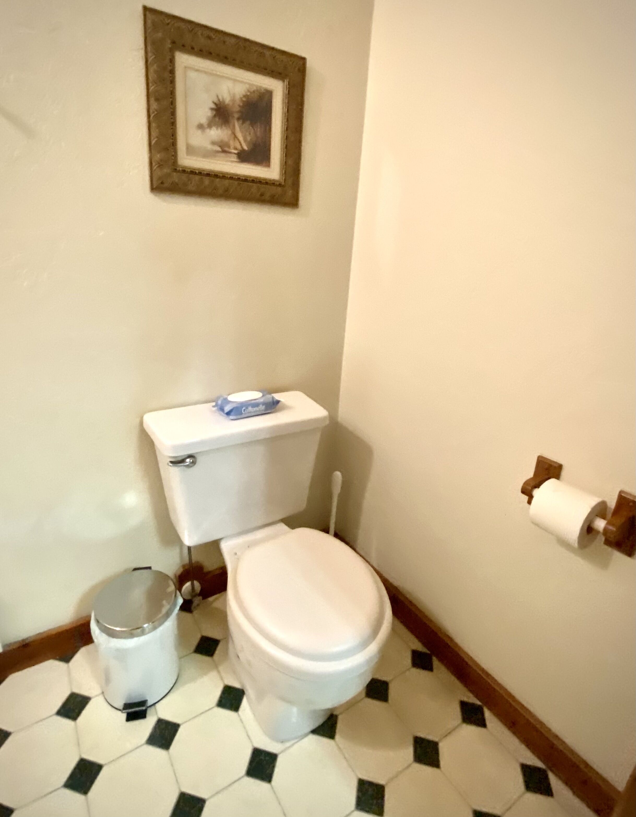 A small bathroom with a toilet, a trash can, and a framed picture on the wall.