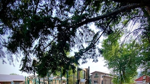 Ein Spielplatz mit Rutsche, Klettergerüsten und einer Bank.