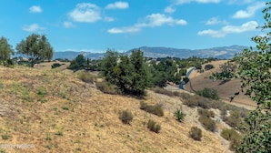 Eine trockene, hügelige Landschaft mit spärlicher Vegetation und einer kurvenreichen Straße.