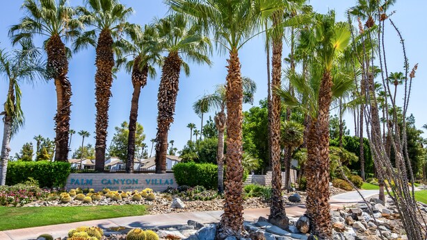 A landscaped area with palm trees, cacti, and a sign reading "Palm Canyon Villas." - South Palm Springs Resort-Style Getaway (Palm Springs)