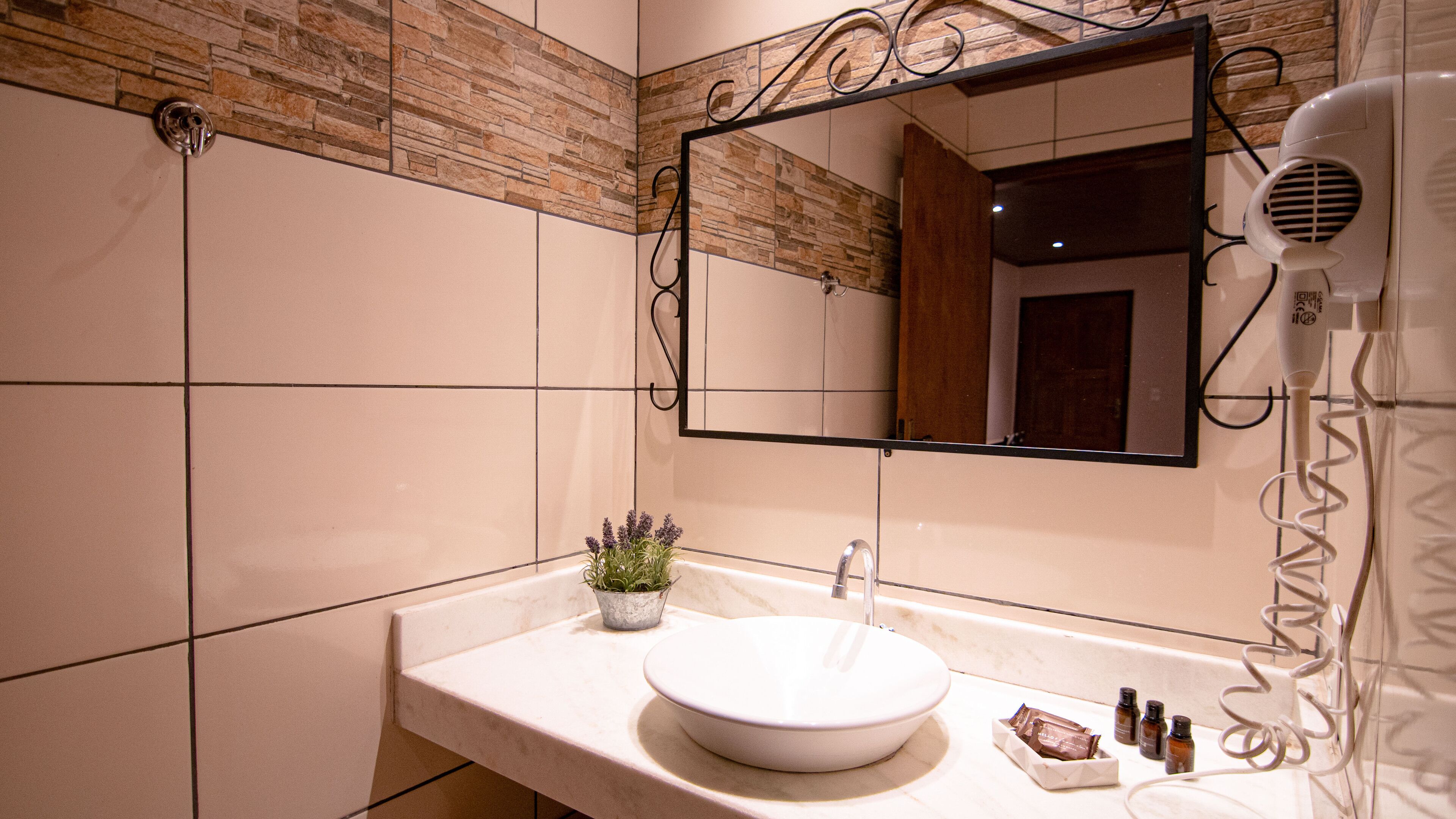 Un baño con lavabo blanco, espejo, secador de pelo y una pequeña planta en maceta.