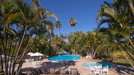 Outdoor pool, pool umbrellas, sun loungers