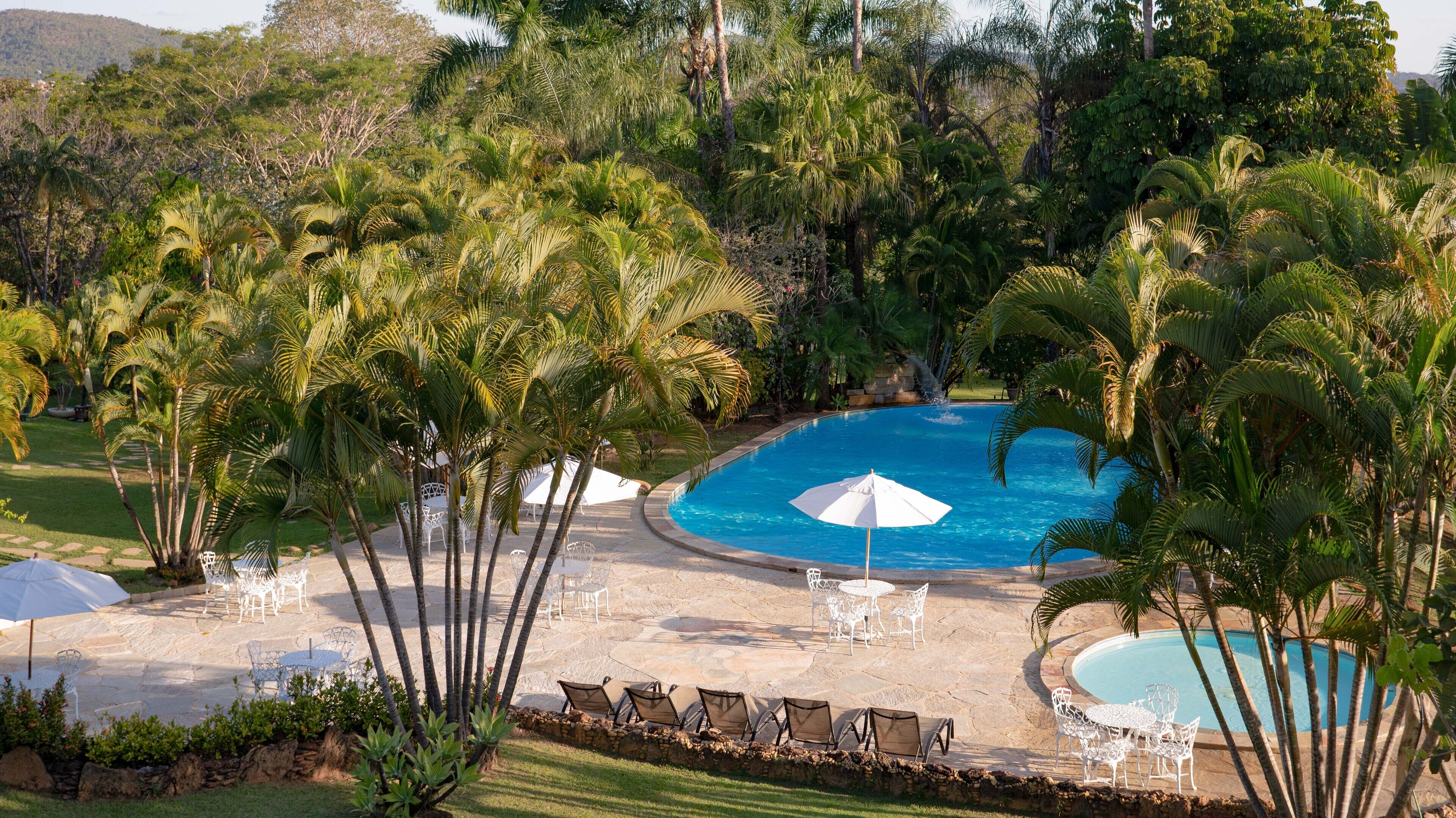 A pool area with a circular pool, surrounded by palm trees and lounge chairs.