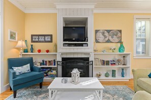 TV, fireplace, books