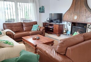 Televisio, takka, DVD-soitin, stereot