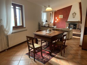 A dining area with a wooden table and chairs, a patterned rug, a kitchen in the background, and a fireplace.