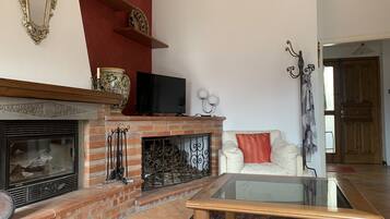 Smart TV, caminetto, libri