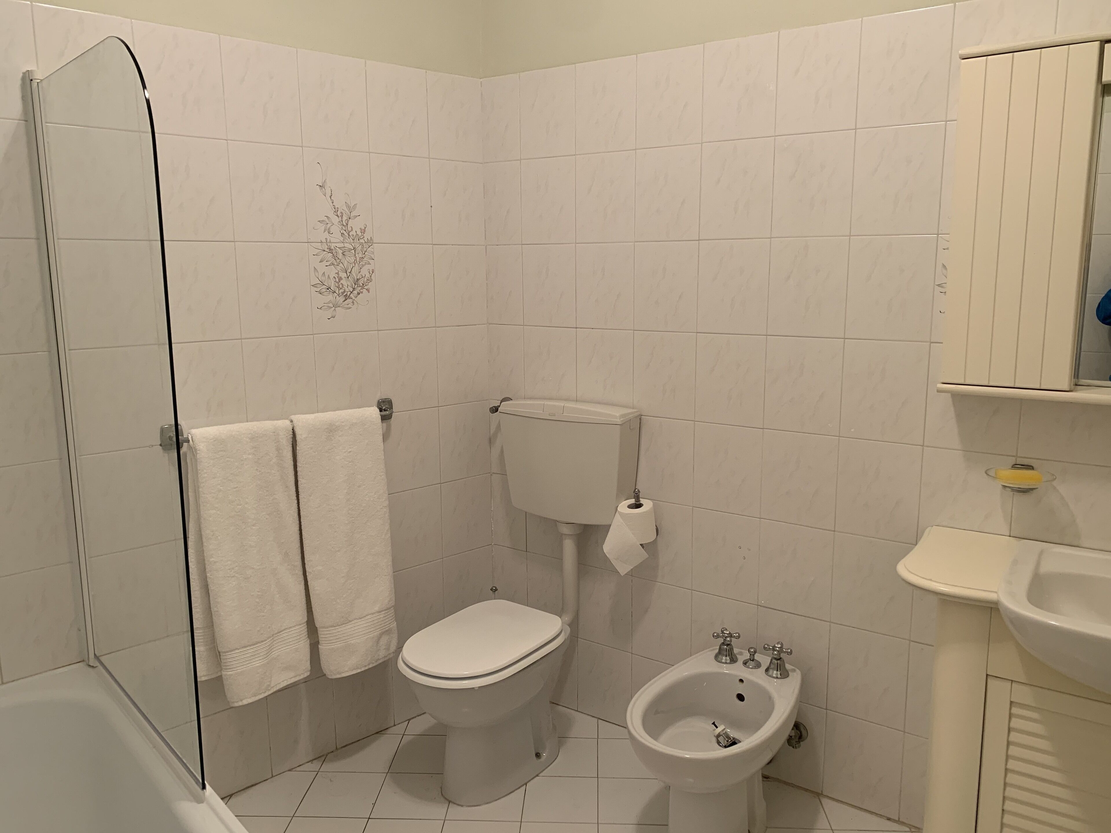 Ein Badezimmer mit Toilette, Bidet und einer Duschkabine.