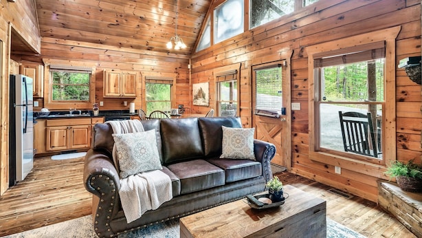 Een houten chalet van binnen met een leren bank, houten kasten en grote ramen.