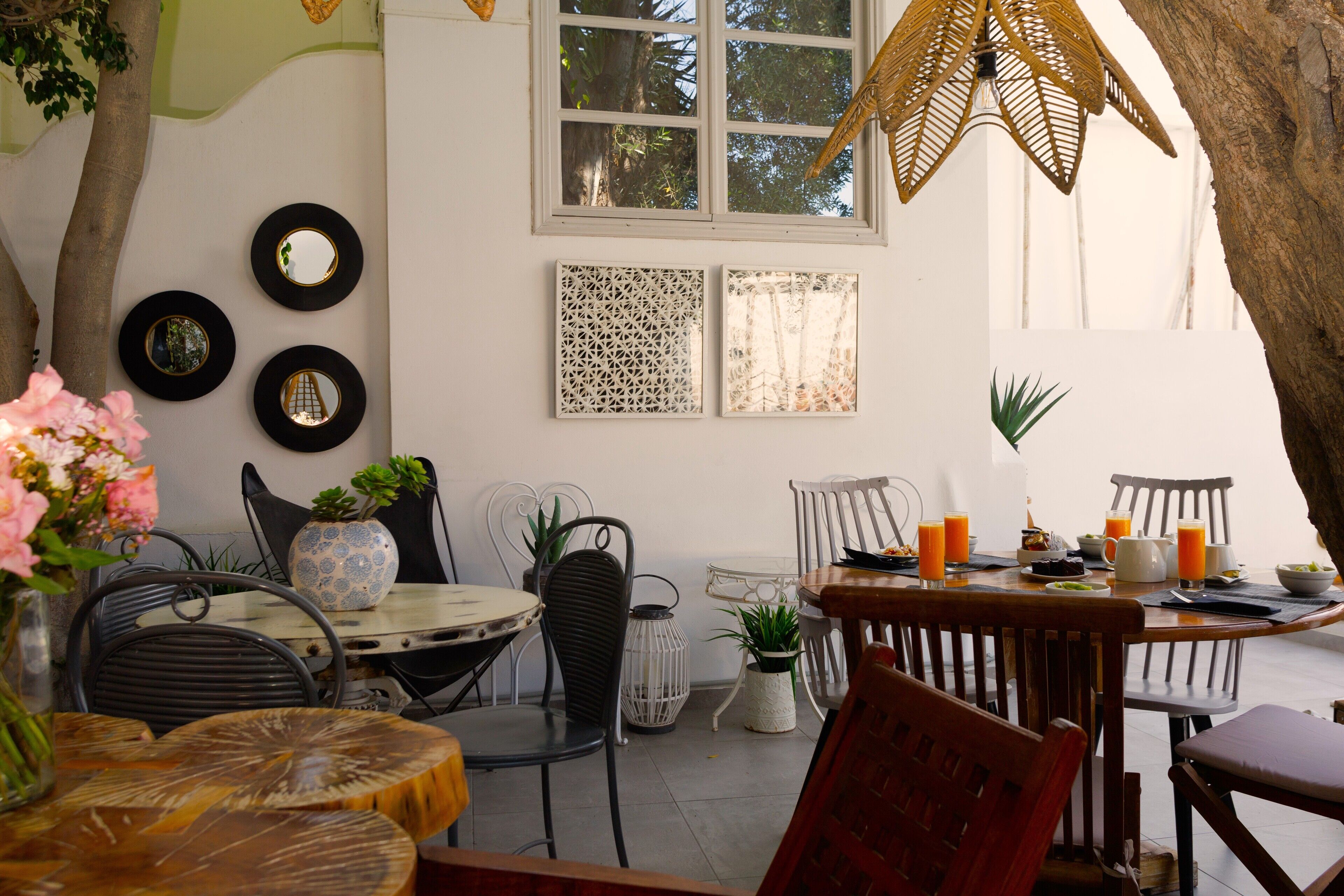 A dining area with round tables, chairs, and a variety of plants.