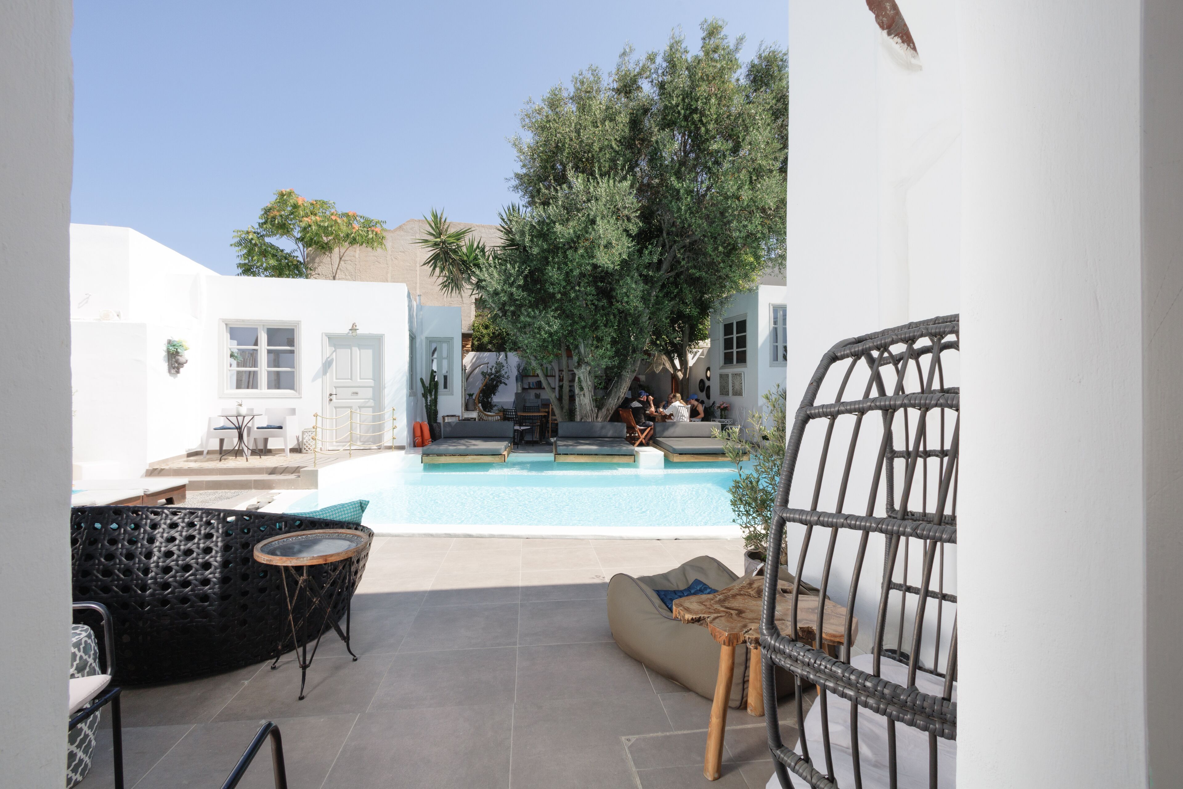 A poolside area with a pool, seating, and a tree.