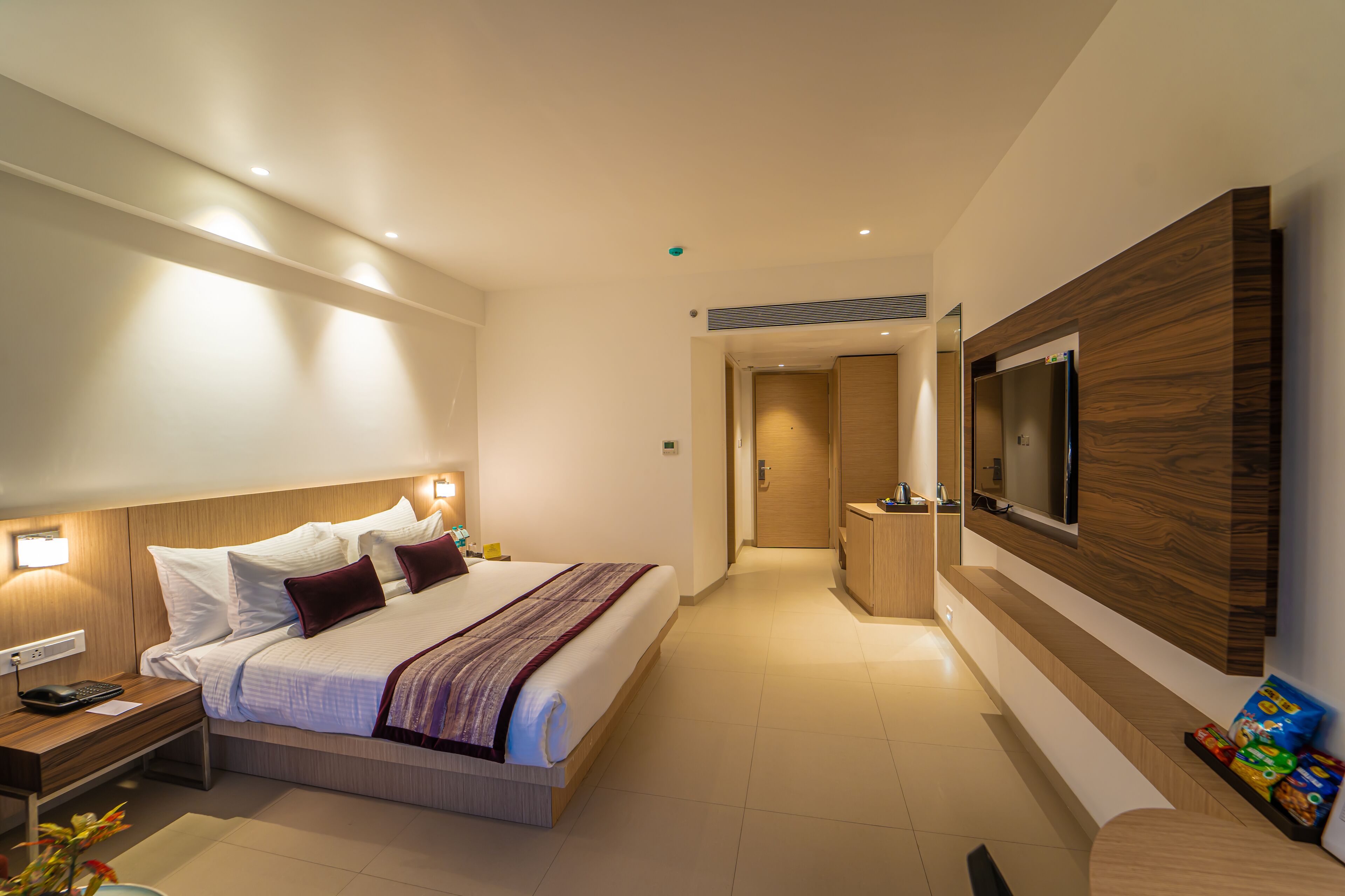 Et moderne hotelværelse med en stor seng, sengebord, fjernsyn og et walk-in closet.