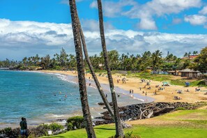A beach with palm trees, a sandy shore, and a view of the ocean. - Royal Mauian #210 Ocean View, Full A/C, Great Location, Close to beaches! (Kihei)