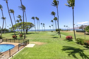 A well-maintained lawn with a pool and palm trees, offering a view of the ocean.