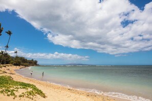 A beach with clear water, palm trees, and a few people.