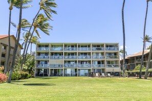 A multi-story hotel with balconies, surrounded by palm trees and a well-maintained lawn.
