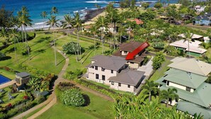 An aerial view of a residential area with houses, a swimming pool, and a view of the ocean.