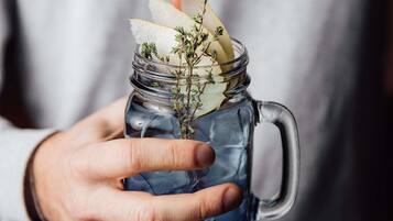 Una mano sosteniendo una taza de vidrio con una planta y una rebanada de fruta.