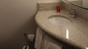 Une salle de bain avec un lavabo à vasque en granit, un miroir et des toilettes.