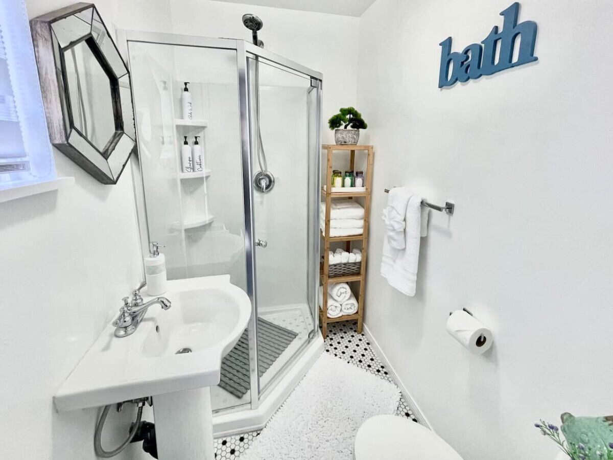 Une salle de bain avec une douche à parois de verre, un lavabo, des toilettes, un porte-serviettes et une étagère contenant des articles de toilette.