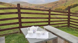 A table with a teapot and cups set on a placemat, overlooking a grassy landscape with a wooden fence.