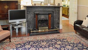 Una sala de estar con chimenea, televisor, sofá y alfombra estampada.