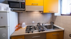 Fridge, microwave, stovetop, cookware/dishes/utensils
