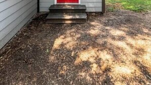 Een huis met een rode deur, een klein portaaltje en een raam aan de zijkant.