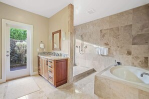 Shower, hair dryer, towels, shampoo