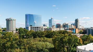 A city skyline with modern high-rise buildings, dense urban architecture, and a backdrop of green trees.