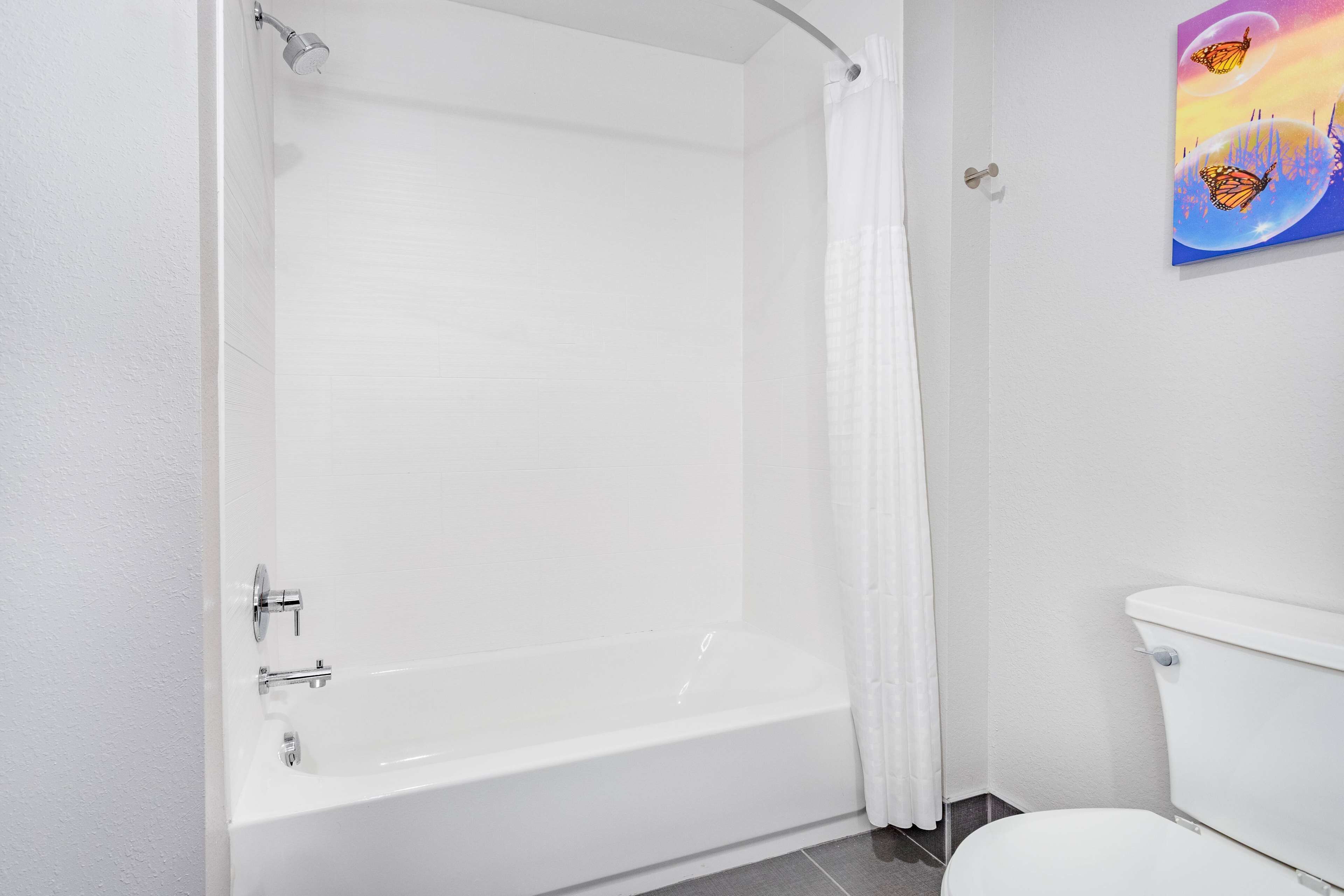 hydromassage showerhead, free toiletries, hair dryer, towels