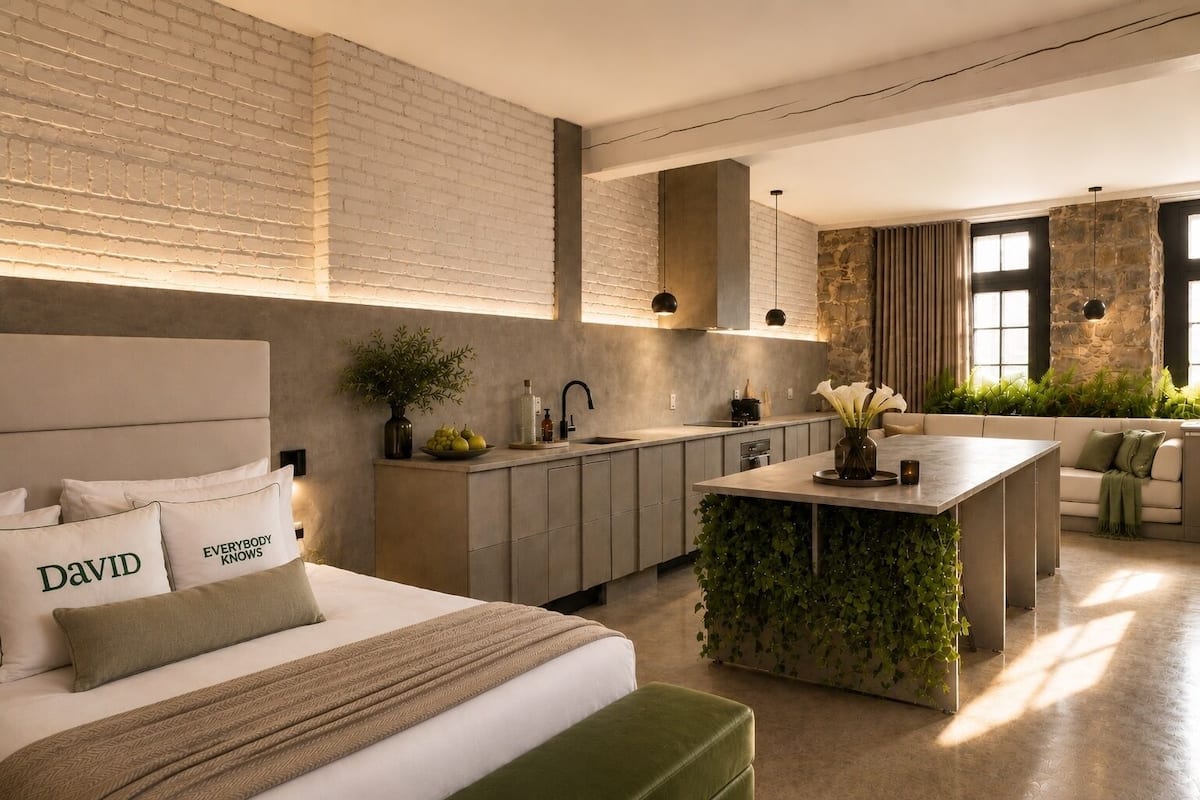 Habitación de hotel moderna con una cama grande, una cocina y un área de descanso con vistas.