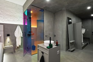 Shower, hair dryer, bathrobes, slippers