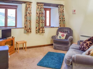 Ein Wohnzimmer mit Fernseher, einem kleinen Tisch, einem blauen Teppich, einer Couch und einem Sessel mit einem blumigen Kissen.
