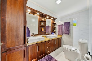 Shower, towels, soap, toilet paper