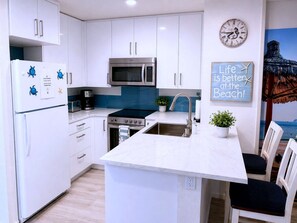 Fridge, microwave, oven, stovetop - SolMar Breeze · 1BR Resort, Heated Pools, Hot Tubs, Steps to Beach, Pier, Harbor (Oceanside)