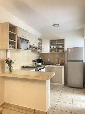 Fridge, microwave, oven, stovetop