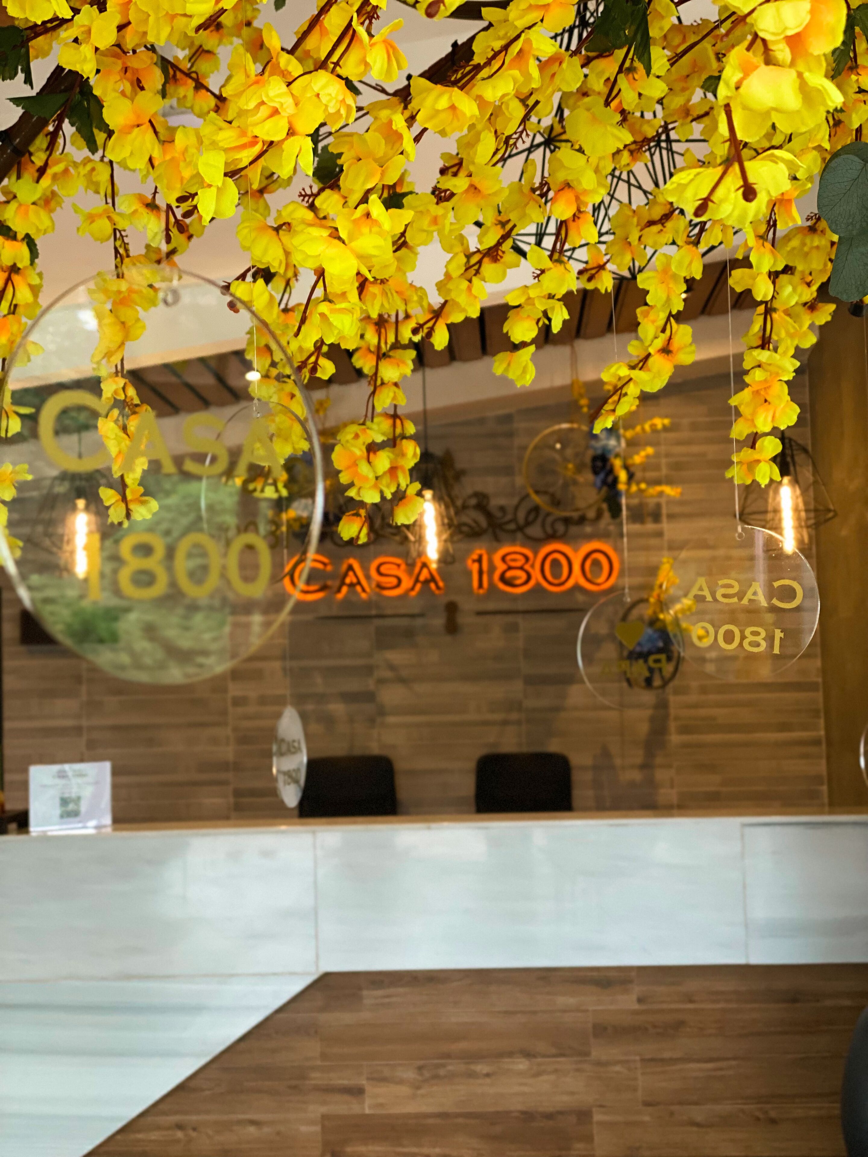 A reception area with a wooden reception desk, a glass wall with the number '1800' and 'CASA 1800' written on it, and yellow artificial flowers hanging above.