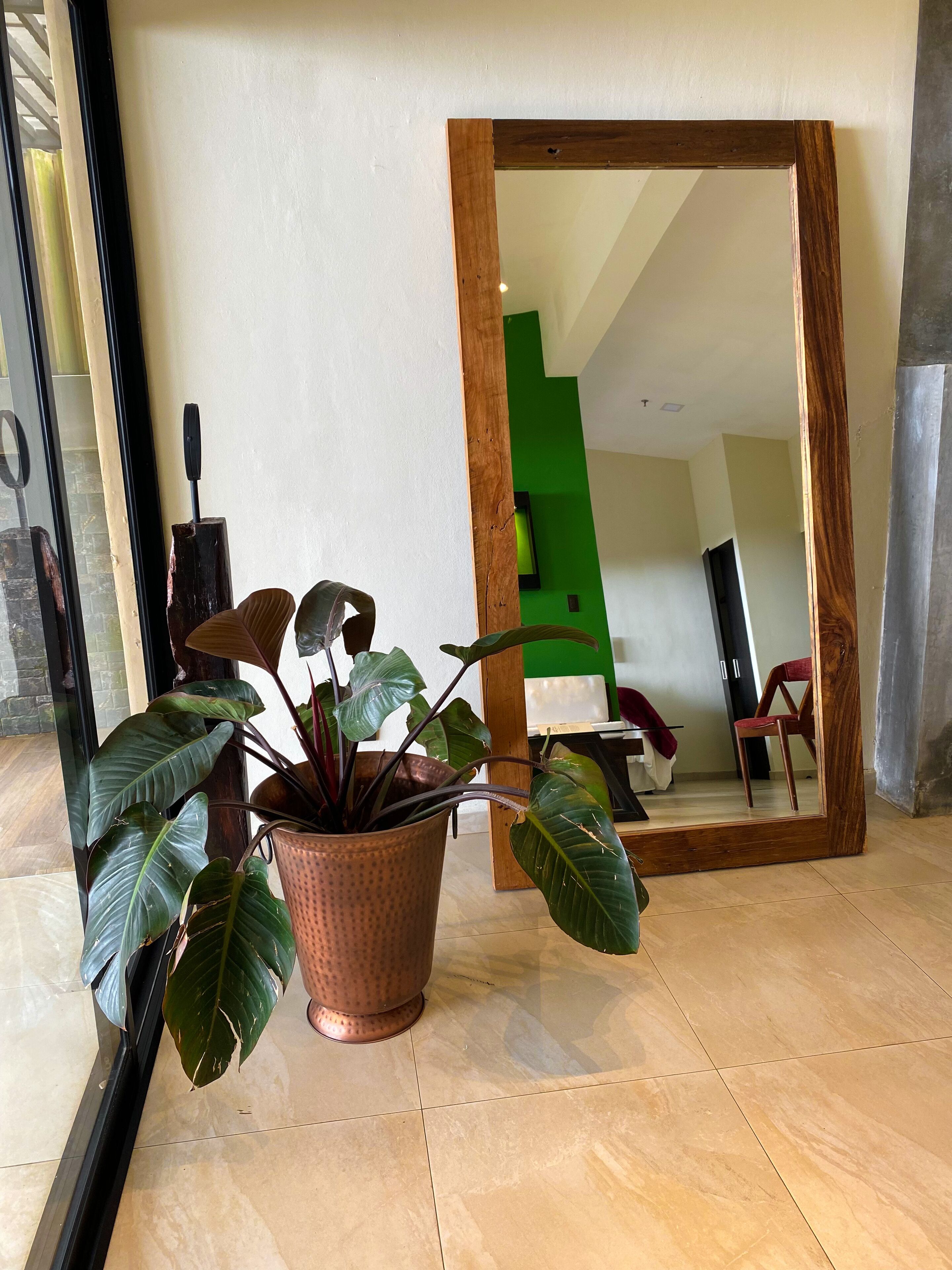 A room with a large mirror reflecting a green wall and a chair. A potted plant is in the foreground.