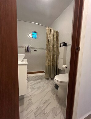 Douche, séchoir à cheveux, serviettes fournies, savon