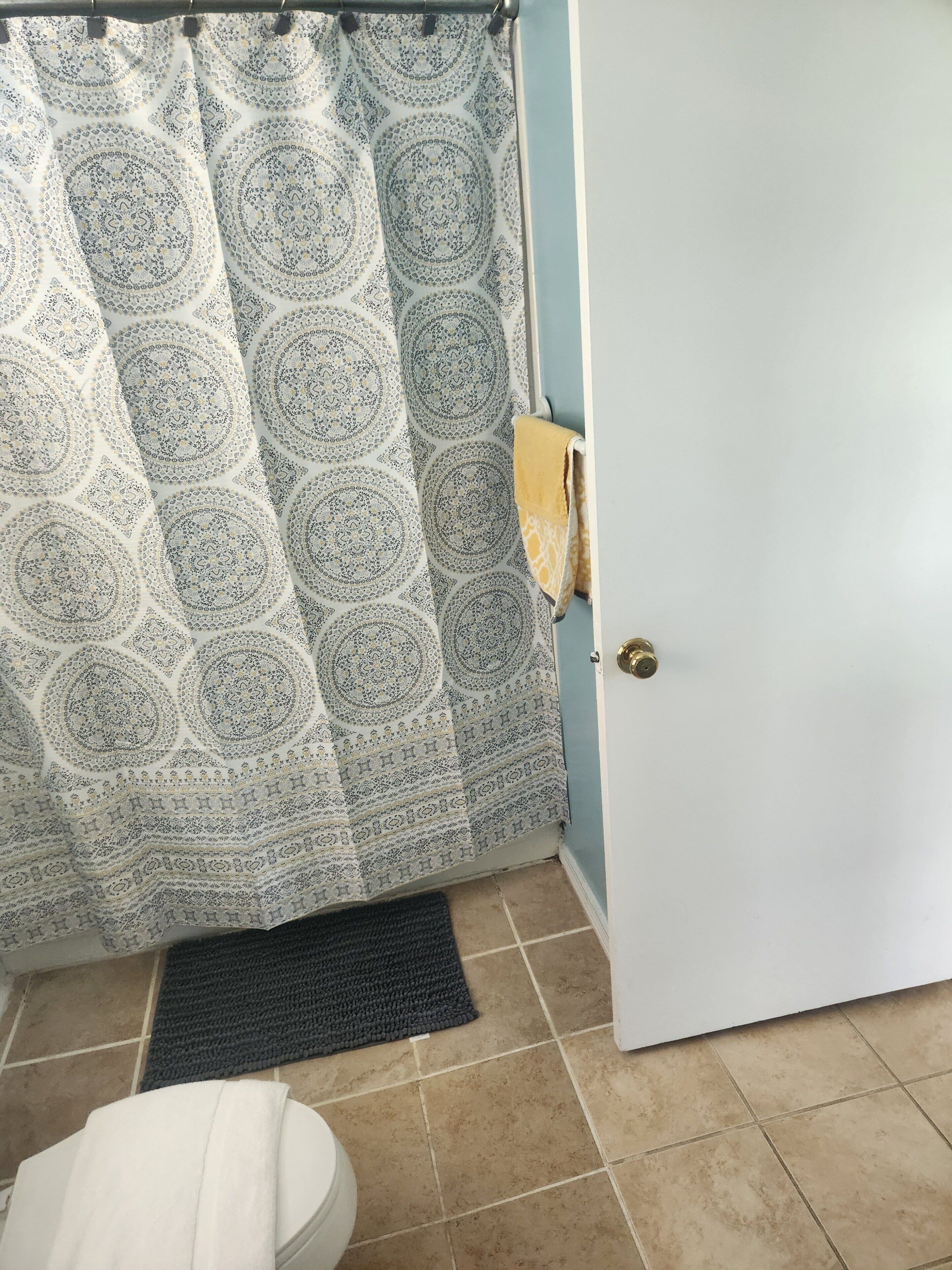 Une salle de bain avec un rideau de douche à motifs, un porte-serviettes, une porte et un tapis foncé sur le sol.